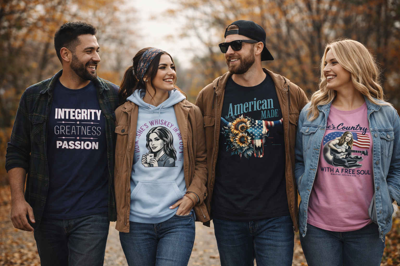 Four people walking outdoors in a forest, wearing t-shirts with various designs. COOL Lids